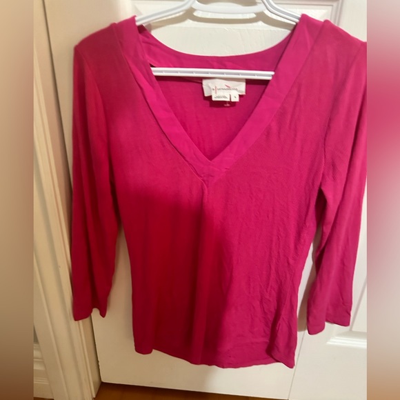 Anthropologie Pink ribbed Long Sleeve V-Neck Top - Picture 4 of 5